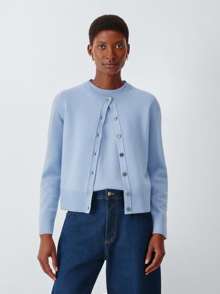 John Lewis Cashmere Crew Neck Cardigan, Light Blue