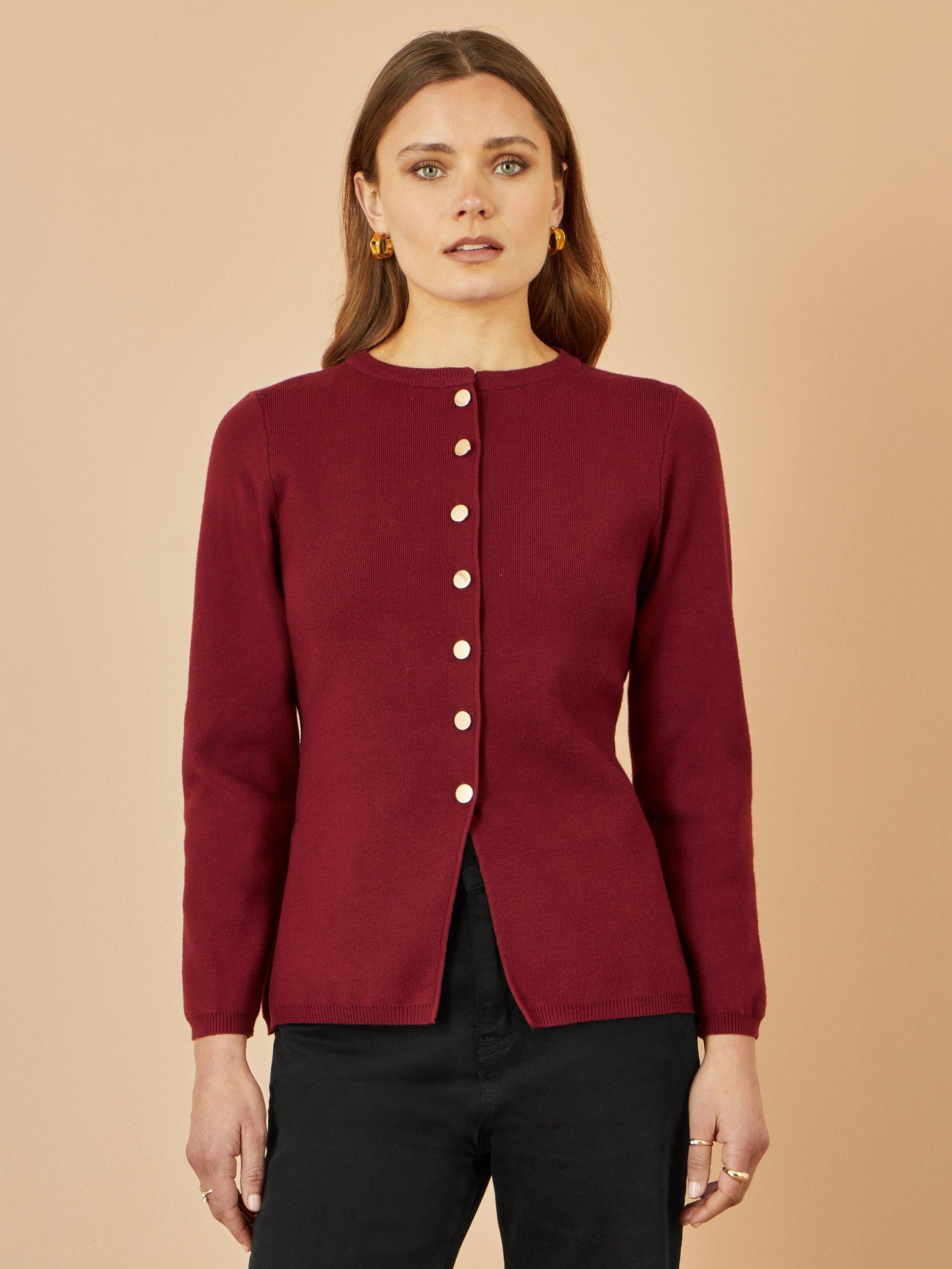 Product image 1 of 4, which shows Yumi Peplum Hem Cardigan, Burgundy, S