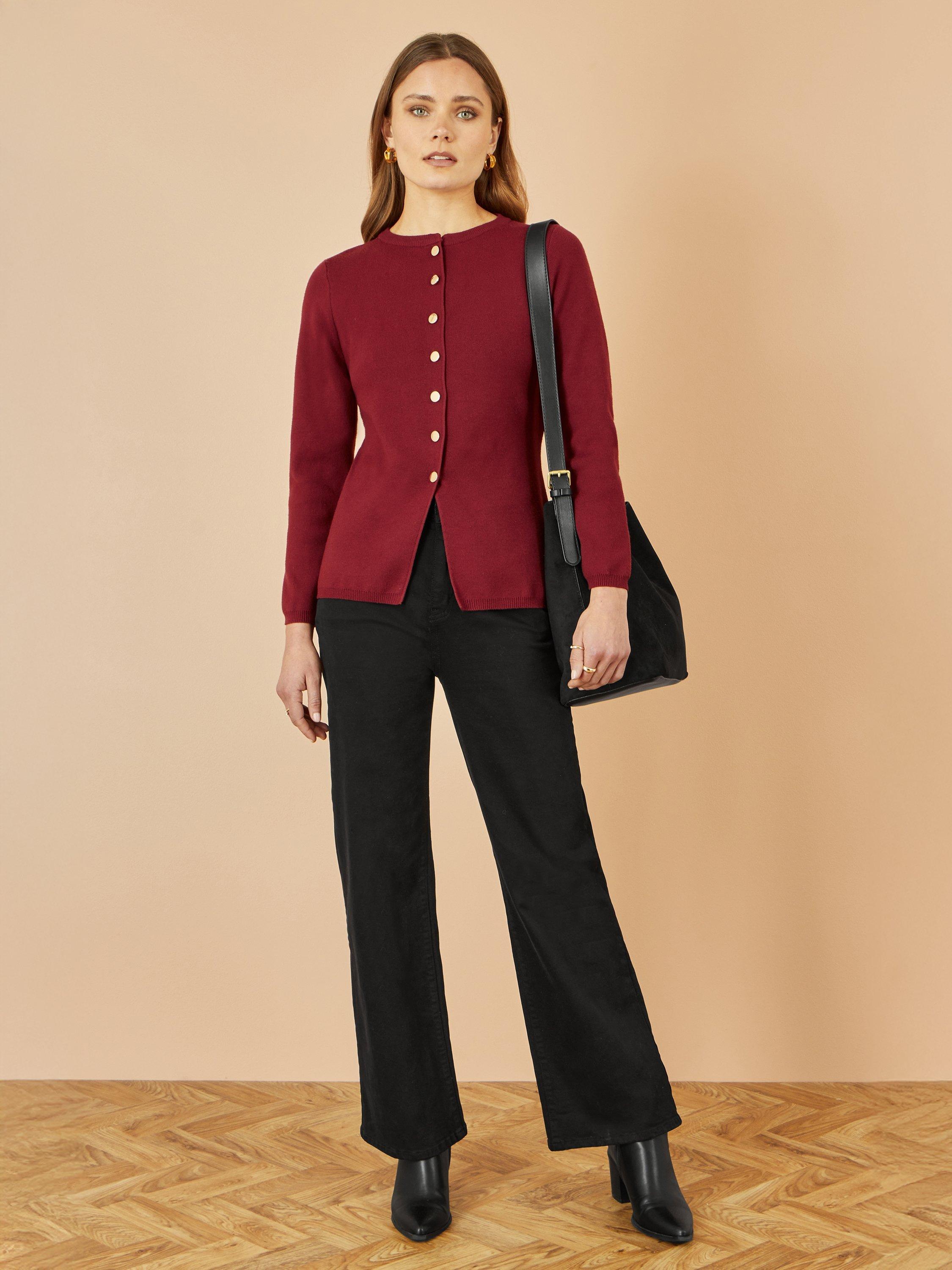 Product image 2 of 4, which shows Yumi Peplum Hem Cardigan, Burgundy, S