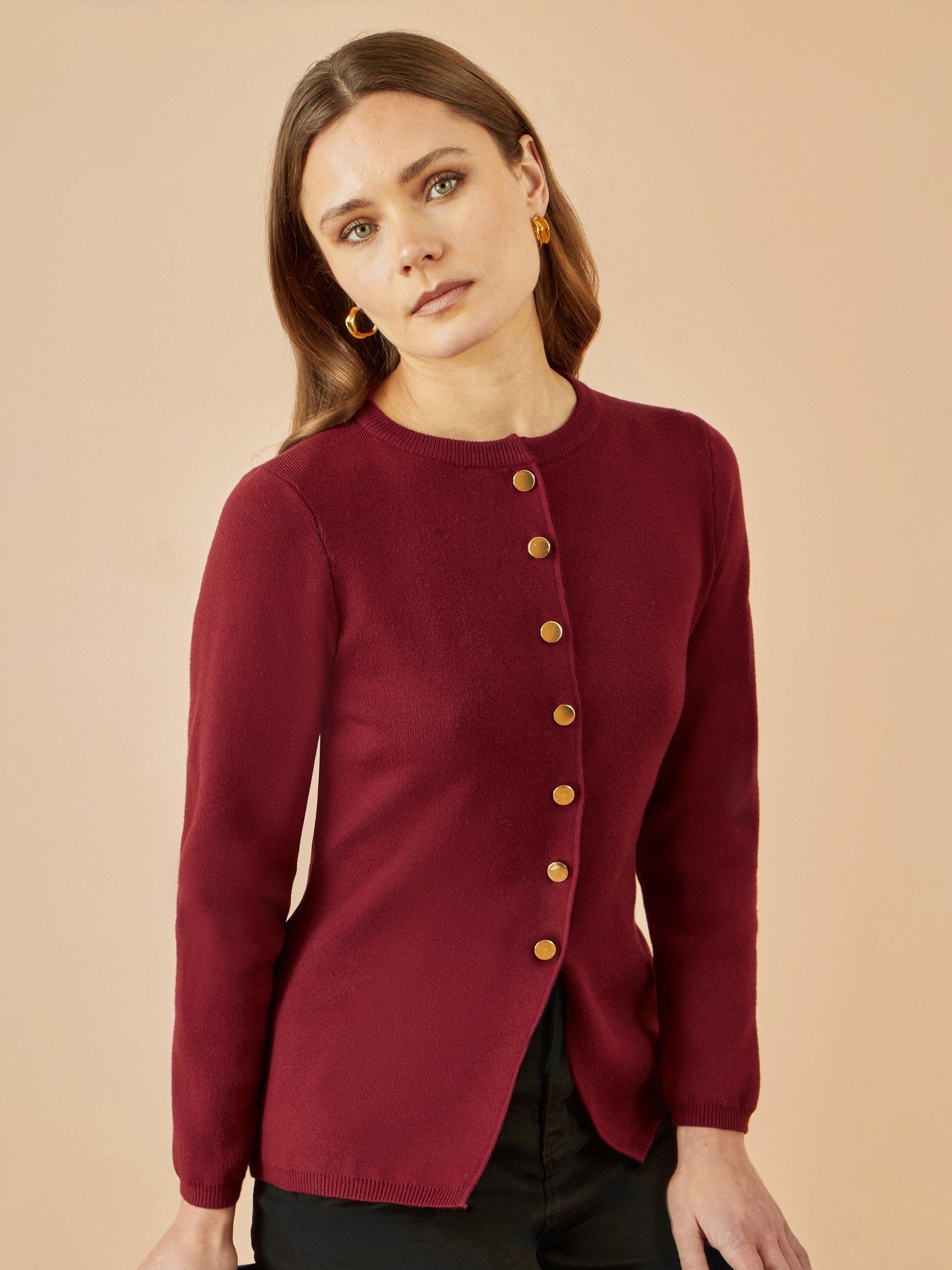 Product image 3 of 4, which shows Yumi Peplum Hem Cardigan, Burgundy, S