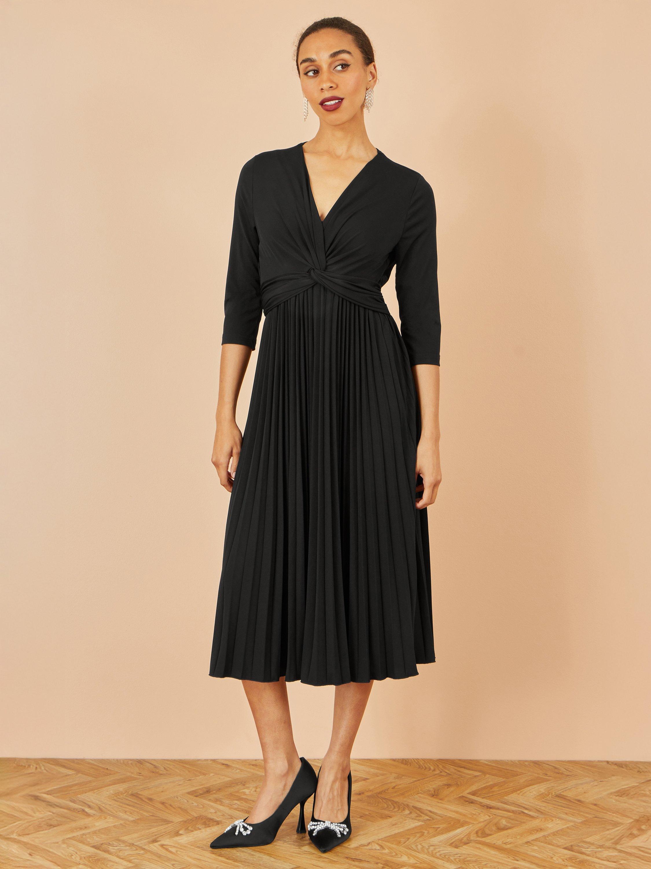 Product image 2 of 5, which shows Yumi Knit Waist Pleated Midi Dress, Black, 8