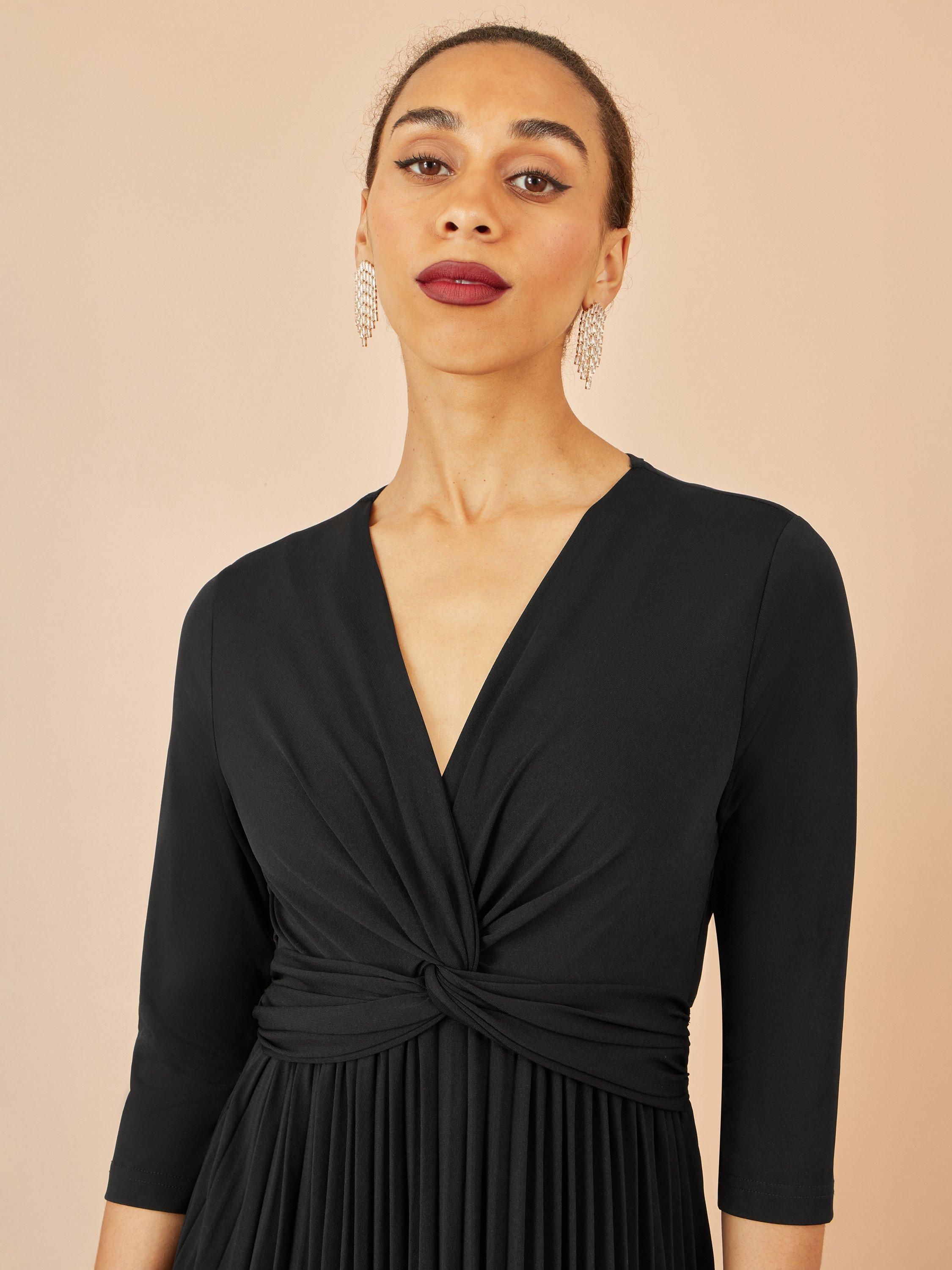 Product image 3 of 5, which shows Yumi Knit Waist Pleated Midi Dress, Black, 8