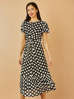 Yumi Velvet Spot Print Knot Waist Midi Dress, Black