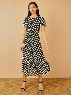Yumi Velvet Spot Print Knot Waist Midi Dress - view 2, Black