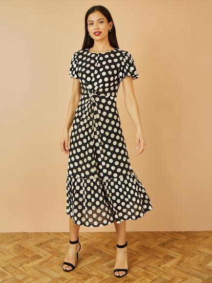 Yumi Velvet Spot Print Knot Waist Midi Dress - view 2, Black