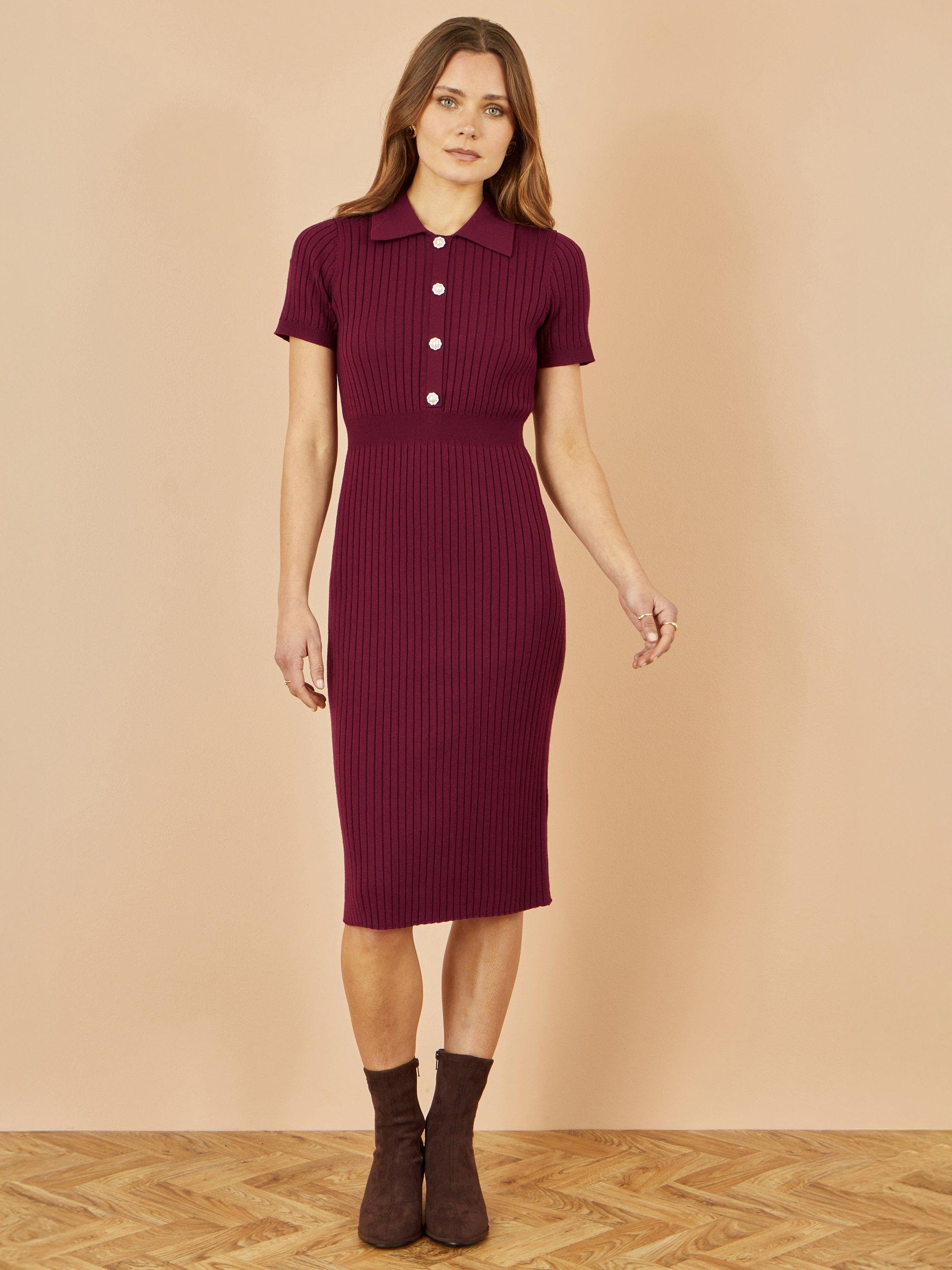 Product image 2 of 4, which shows Yumi Rib Knit Bodycon Dress, Burgundy, S