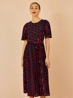 Yumi Velvet Spot Print Knot Waist Midi Dress, Burgundy, Burgundy