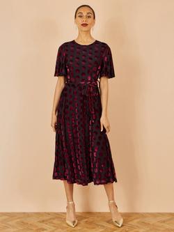 Yumi Velvet Spot Print Knot Waist Midi Dress, Burgundy - view 2, Burgundy