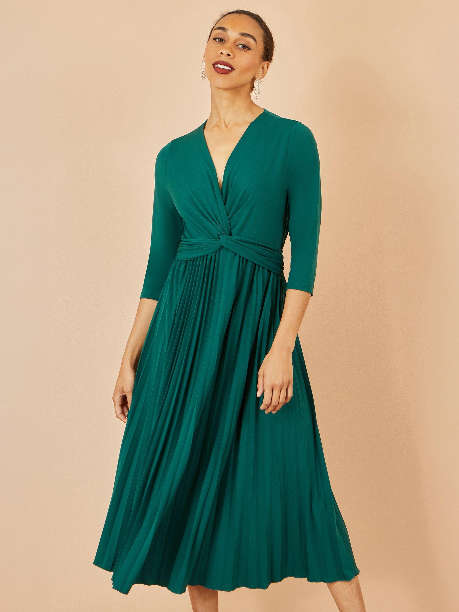 Product image 1 of 6, which shows Yumi Knit Waist Pleated Midi Dress, Green, 8