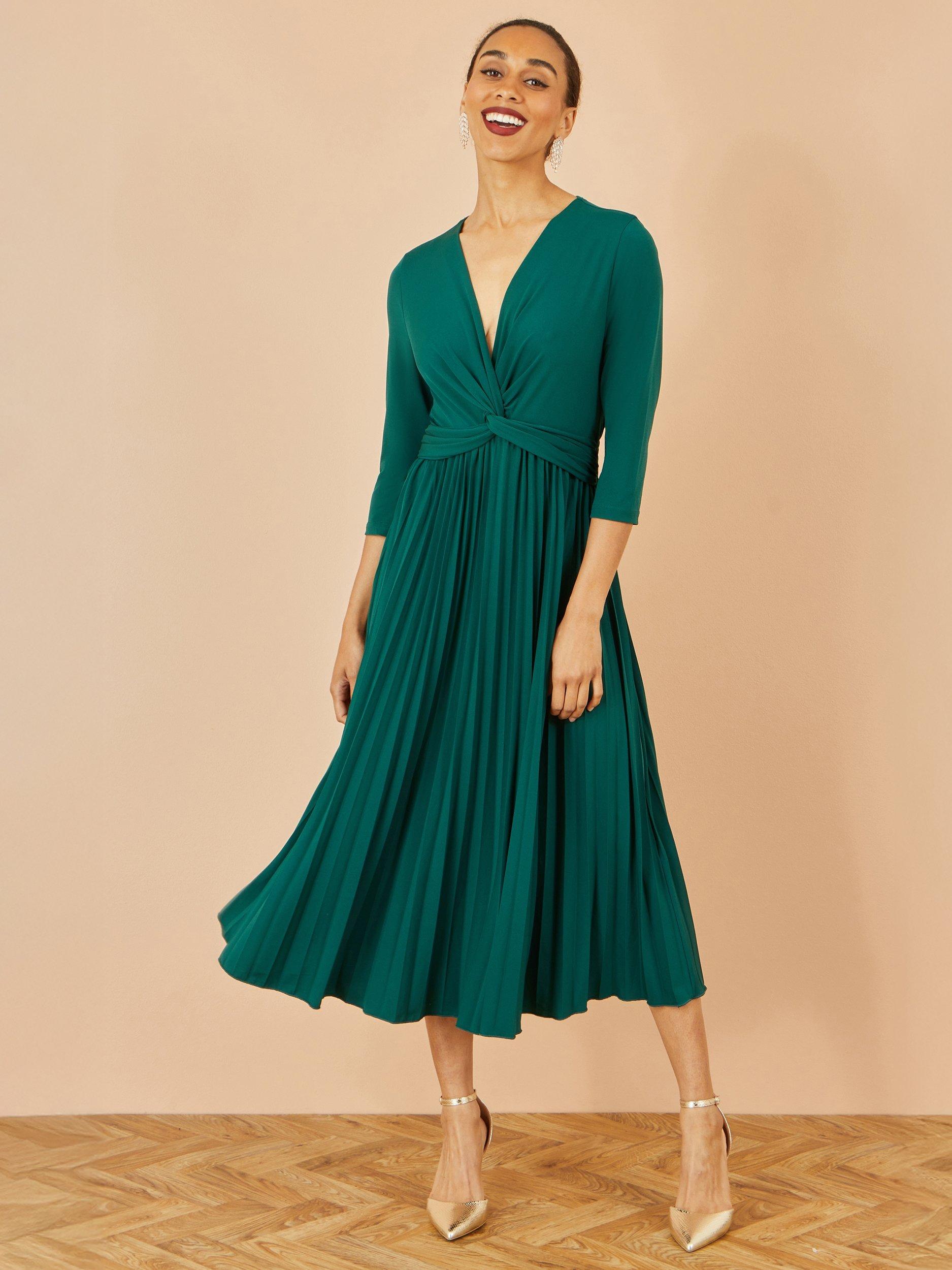 Product image 4 of 6, which shows Yumi Knit Waist Pleated Midi Dress, Green, 8
