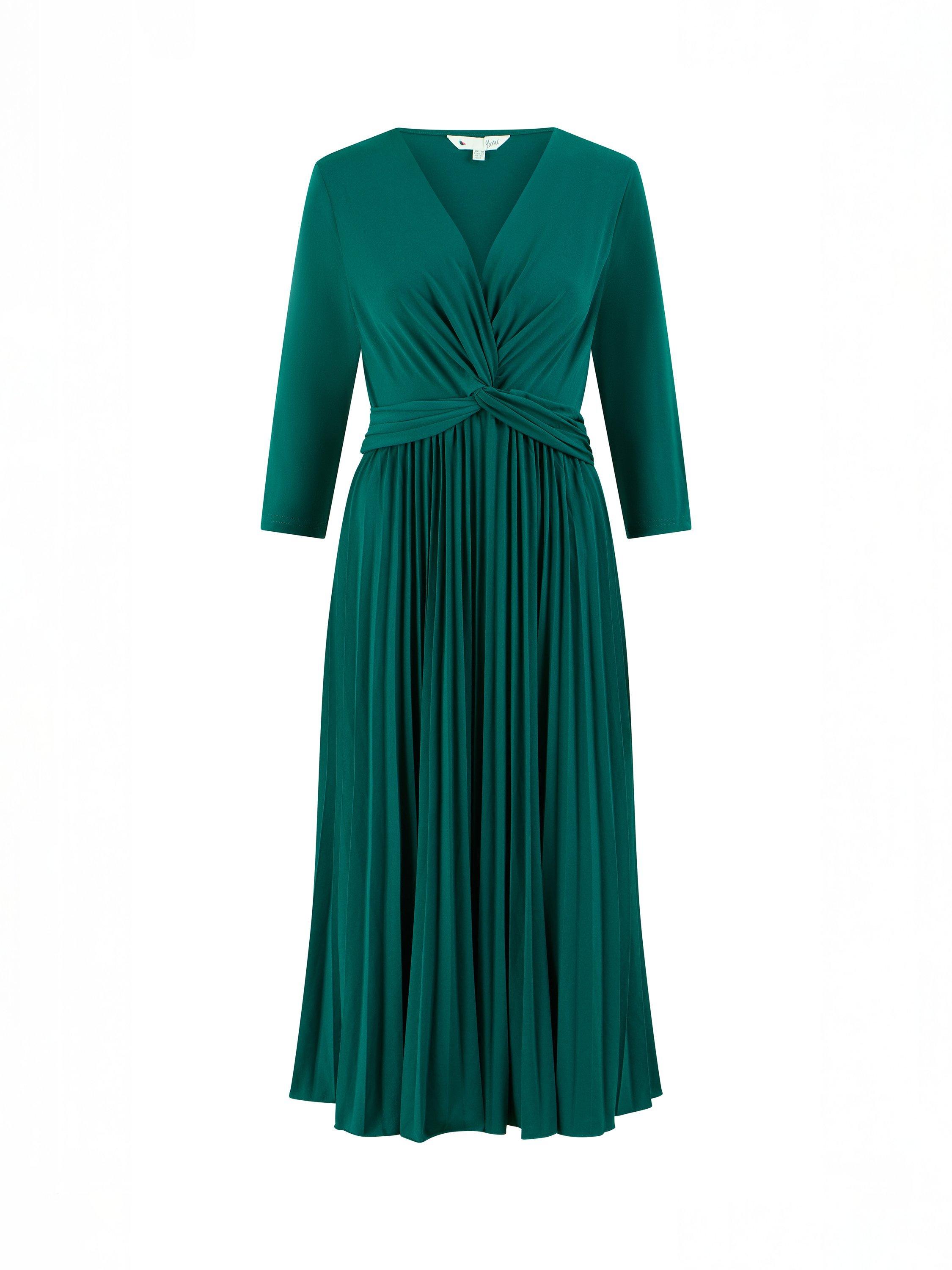 Product image 6 of 6, which shows Yumi Knit Waist Pleated Midi Dress, Green, 8