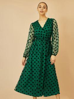 Yumi Spot Mesh Wrap Midi Skater Dress, Green