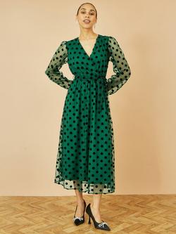 Yumi Spot Mesh Wrap Midi Skater Dress - view 2, Green