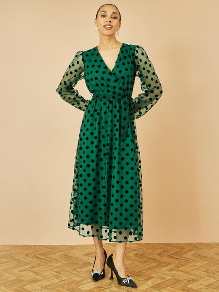 Yumi Spot Mesh Wrap Midi Skater Dress - view 2, Green