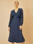 Yumi Foil Print Sheer Sleeve Midi Dress, Navy