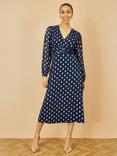Yumi Foil Print Sheer Sleeve Midi Dress, Navy