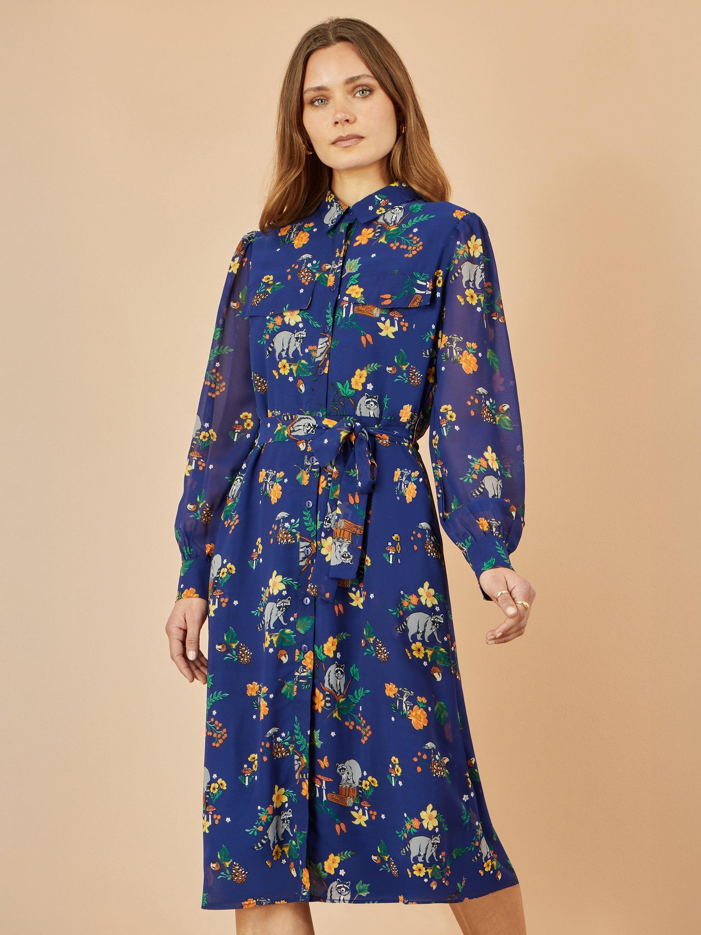 Product image 1 of 5, which shows Yumi Raccoon Print Shirt Midi Dress, Navy, 8