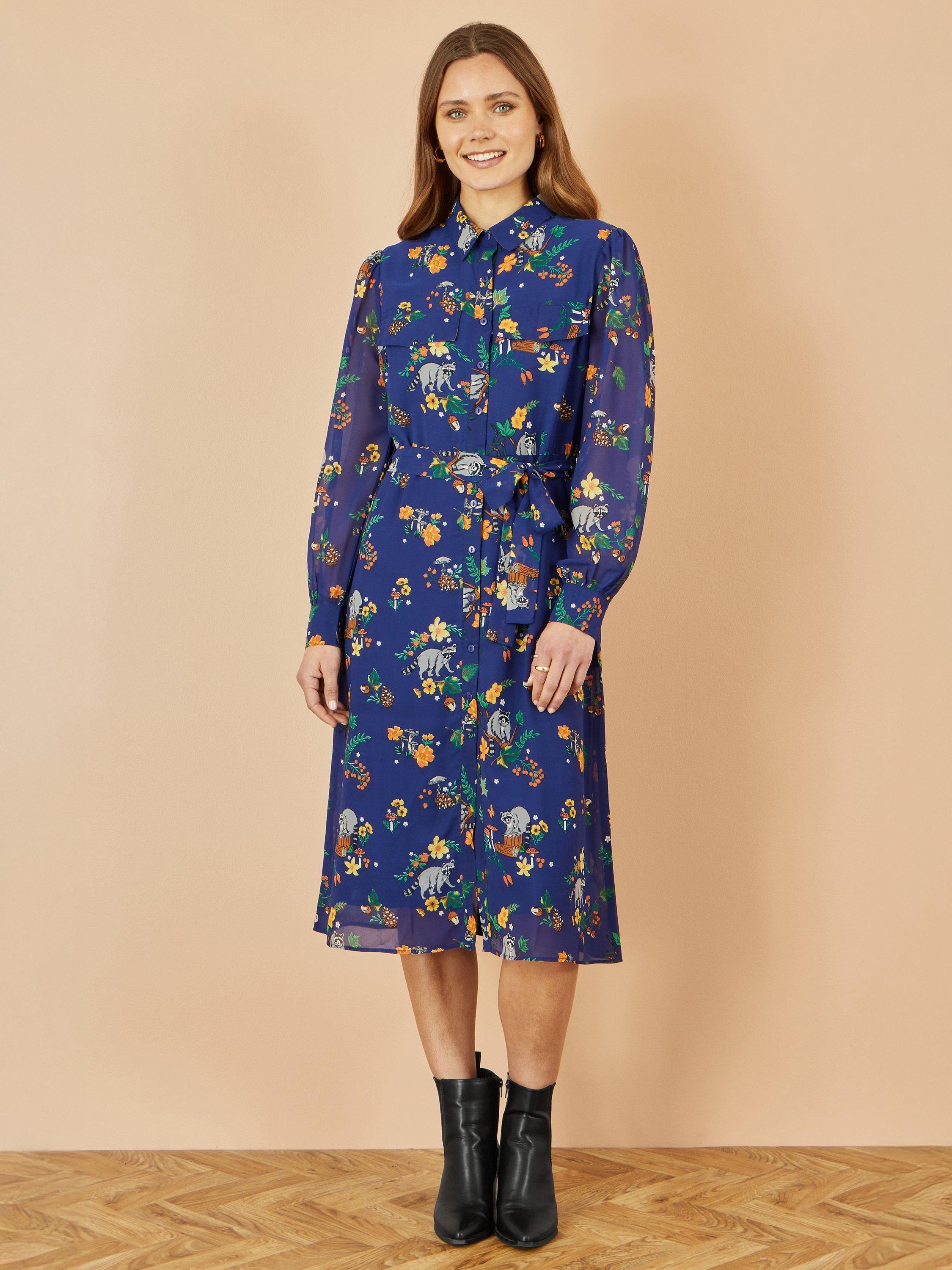 Product image 2 of 5, which shows Yumi Raccoon Print Shirt Midi Dress, Navy, 8