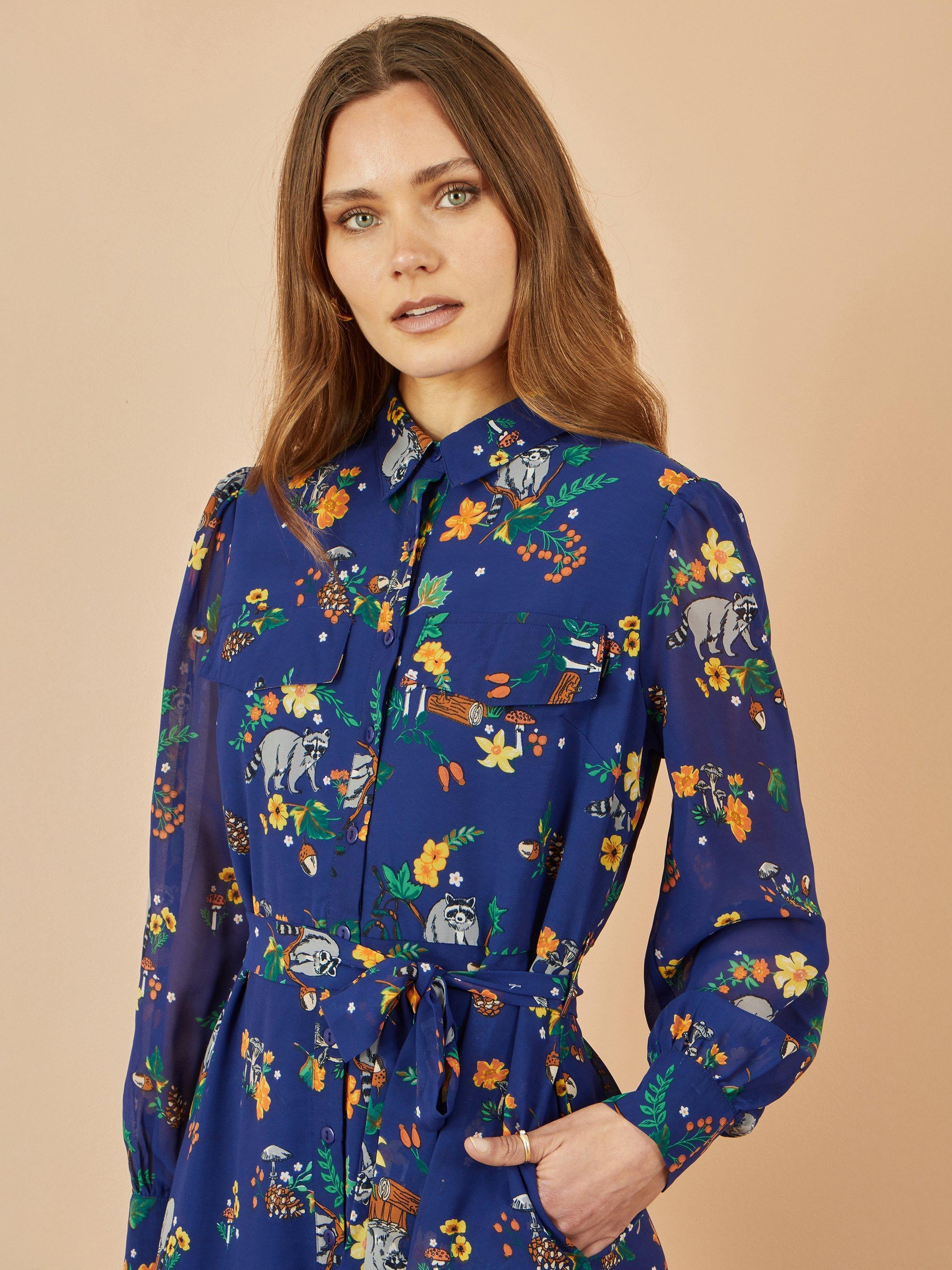 Product image 3 of 5, which shows Yumi Raccoon Print Shirt Midi Dress, Navy, 8