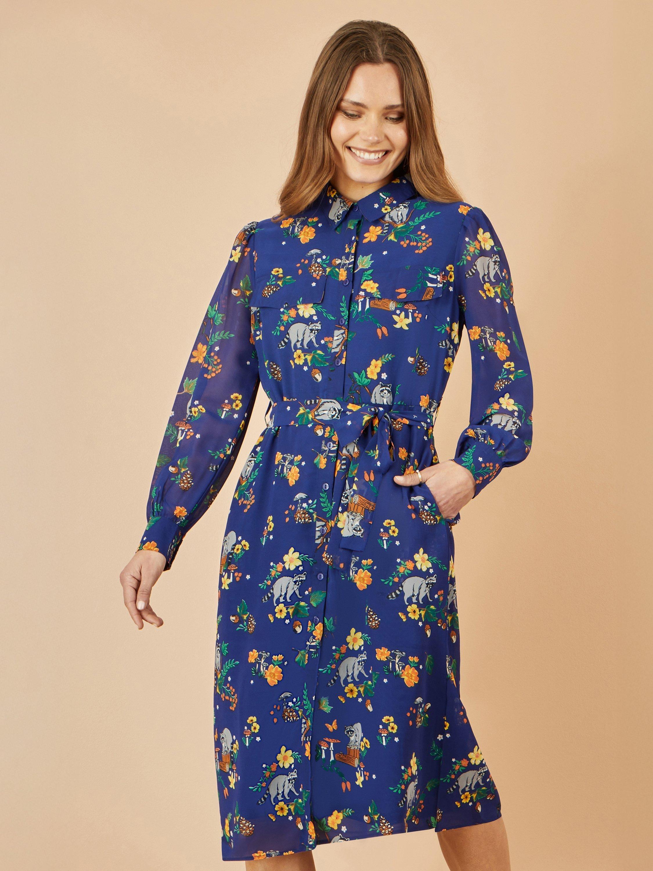 Product image 4 of 5, which shows Yumi Raccoon Print Shirt Midi Dress, Navy, 8
