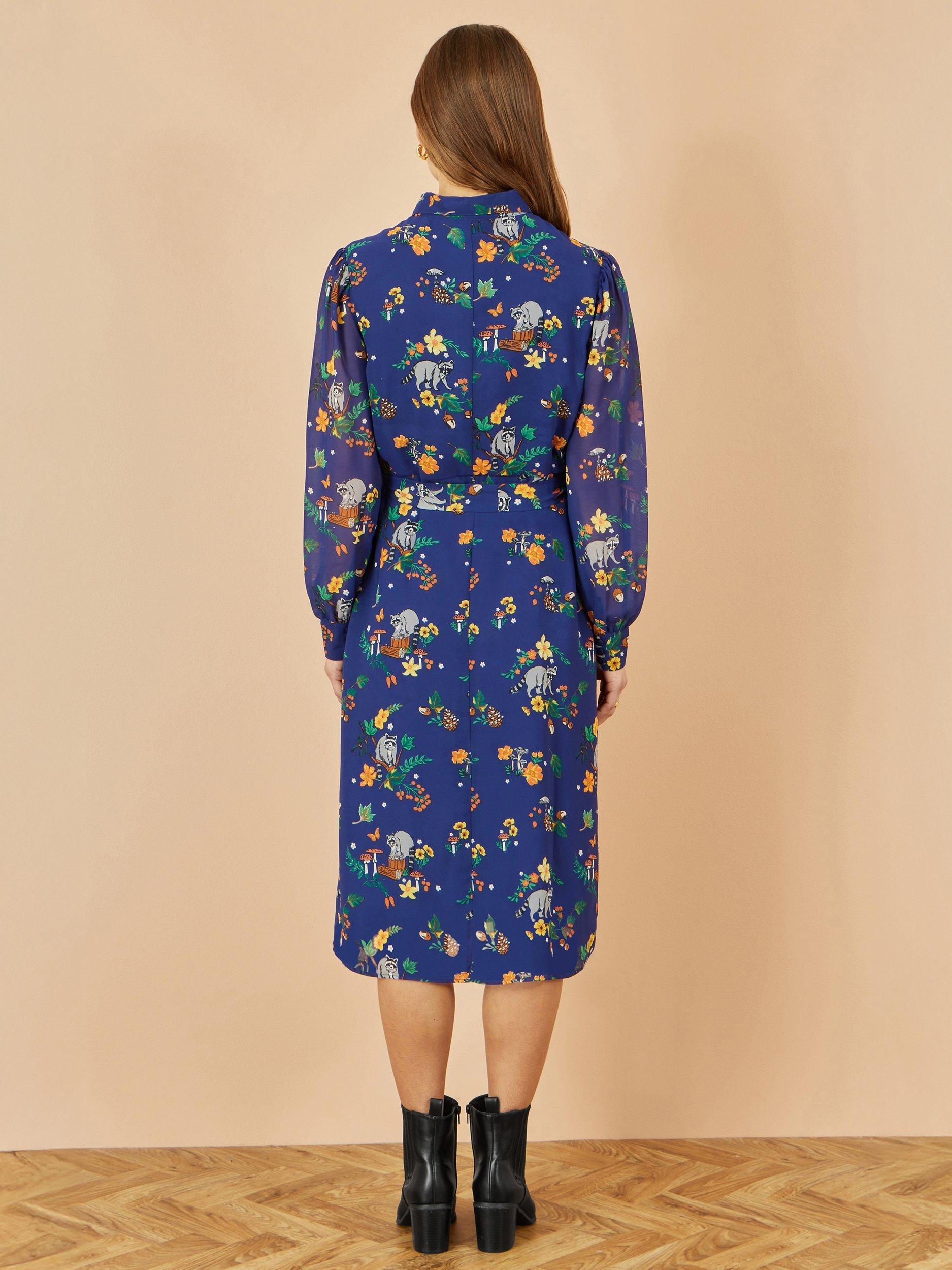 Product image 5 of 5, which shows Yumi Raccoon Print Shirt Midi Dress, Navy, 8