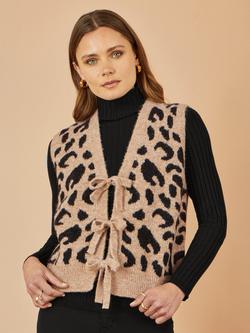 Yumi Animal Print Tie Front Knit Waistcoat, Beige, Beige