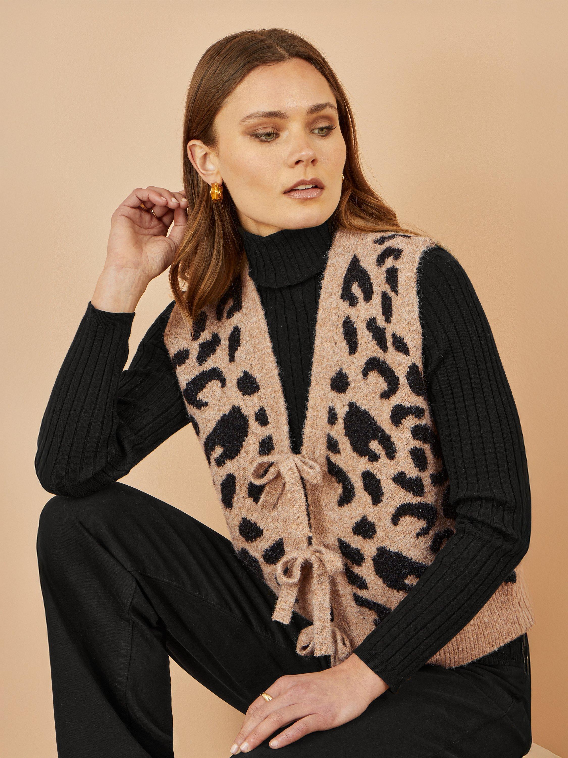 Product image 3 of 4, which shows Yumi Animal Print Tie Front Knit Waistcoat, Beige, S