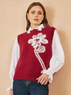 Yumi Knitted Floral Print Sleeveless Jumper Vest, Burgundy