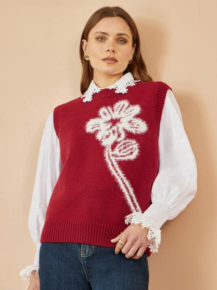 Yumi Knitted Floral Print Sleeveless Jumper Vest, Burgundy