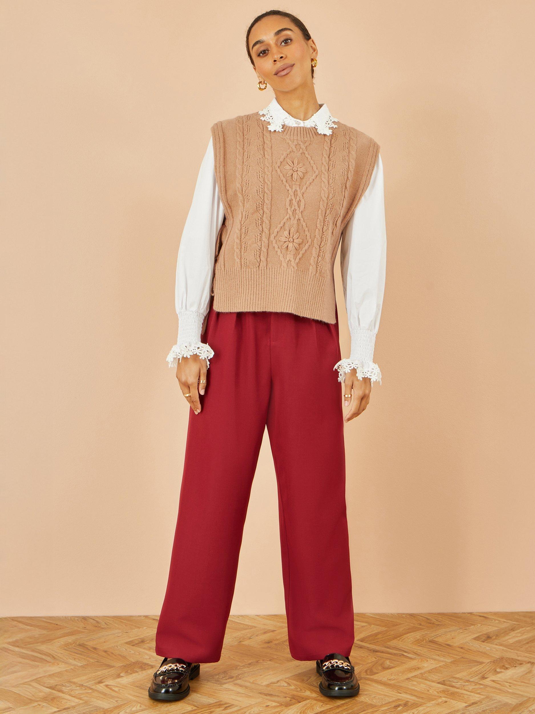 Product image 2 of 6, which shows Yumi Flower Print Cable Knit Tie Side Pullover, Camel, S