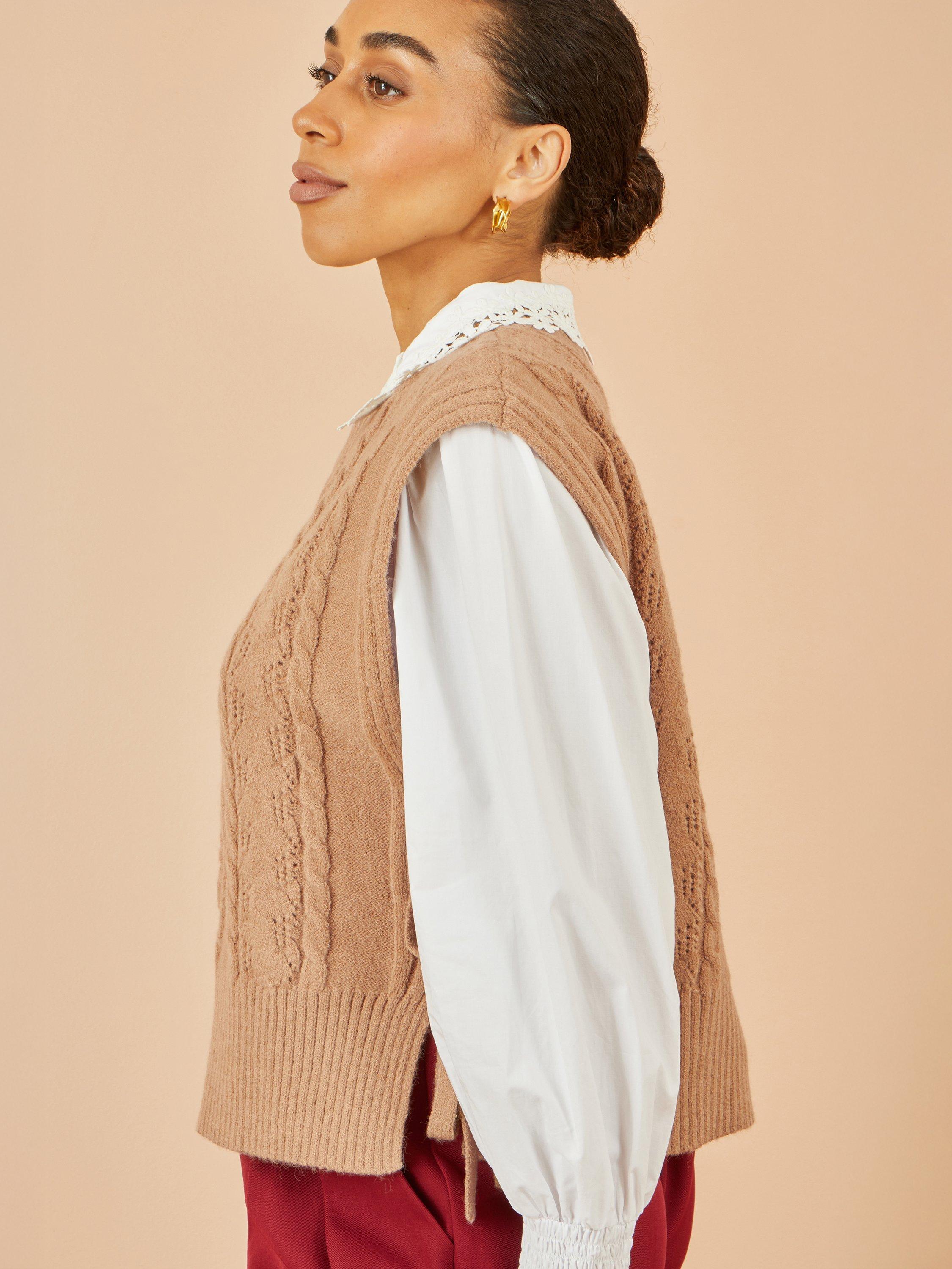 Product image 3 of 6, which shows Yumi Flower Print Cable Knit Tie Side Pullover, Camel, S