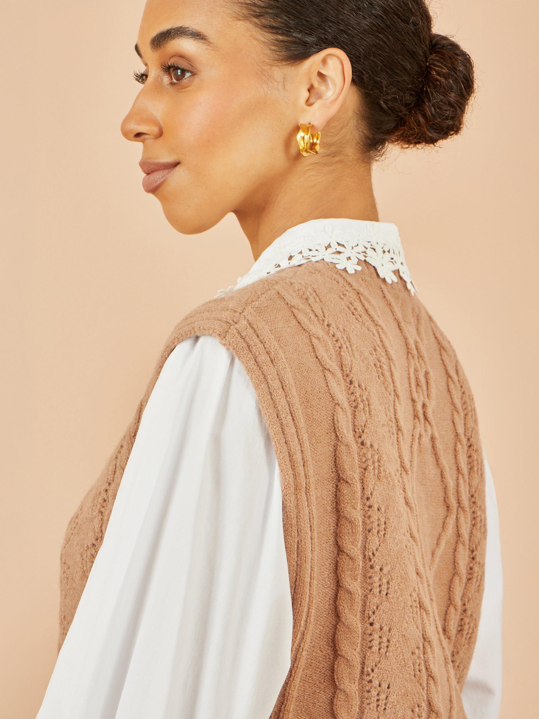 Product image 5 of 6, which shows Yumi Flower Print Cable Knit Tie Side Pullover, Camel, S