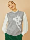 Yumi Knitted Floral Print Sleeveless Jumper Vest, Grey