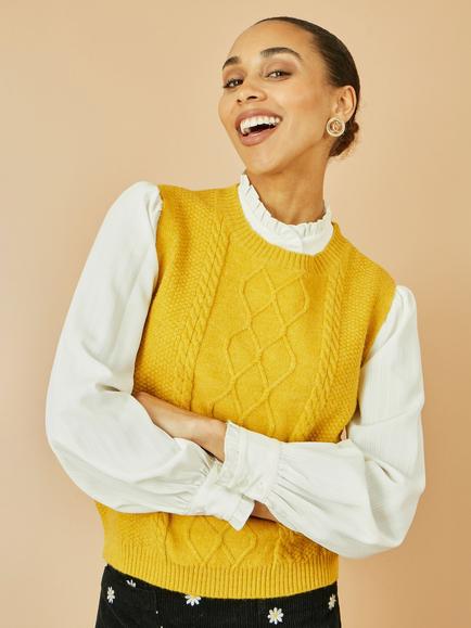 Yumi Cable Knit Sleeveless Jumper Vest, Mustard, Mustard