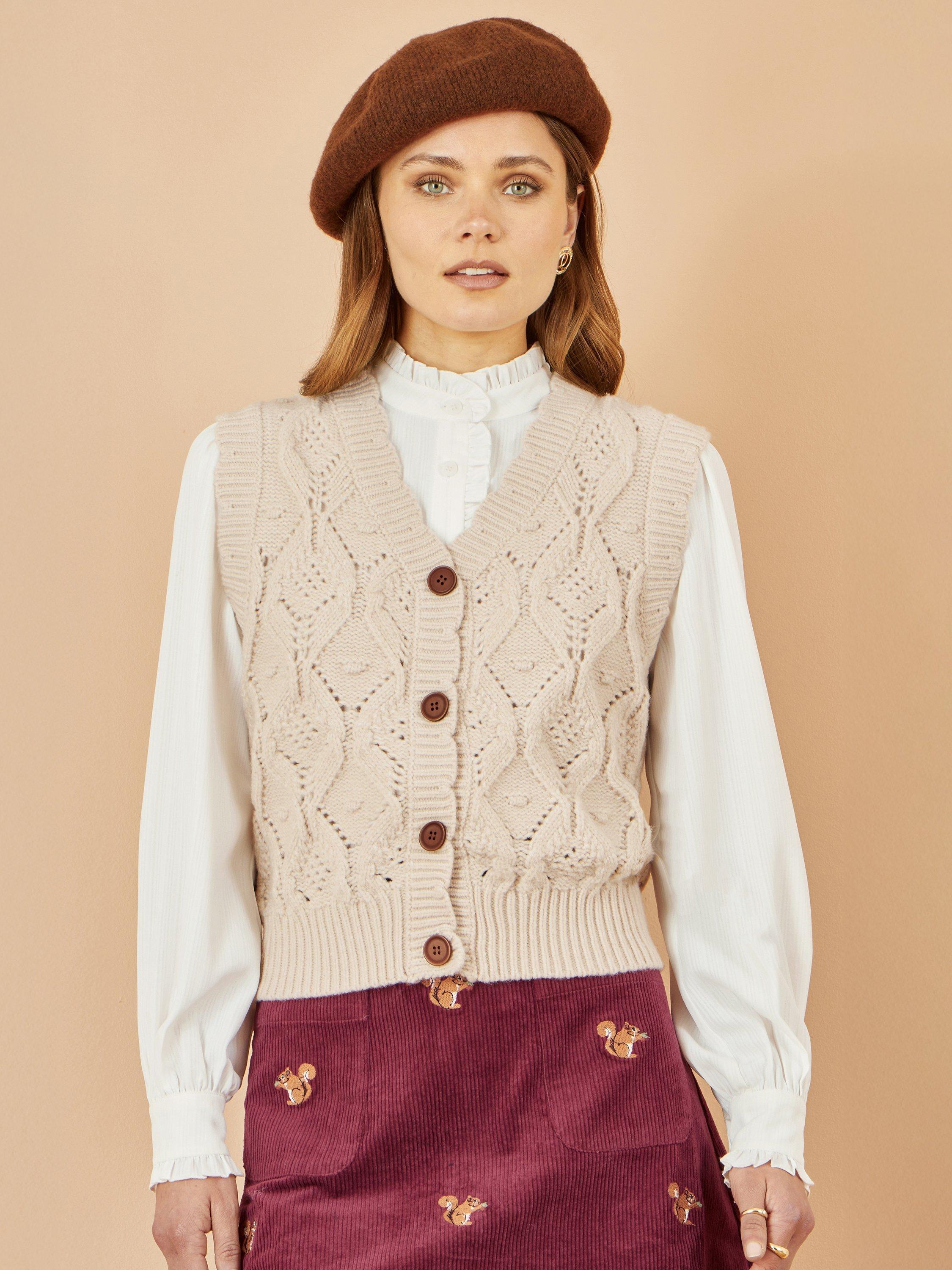 Product image 1 of 4, which shows Yumi Button Up Chunky Cable Knit Waistcoat, Ivory, S