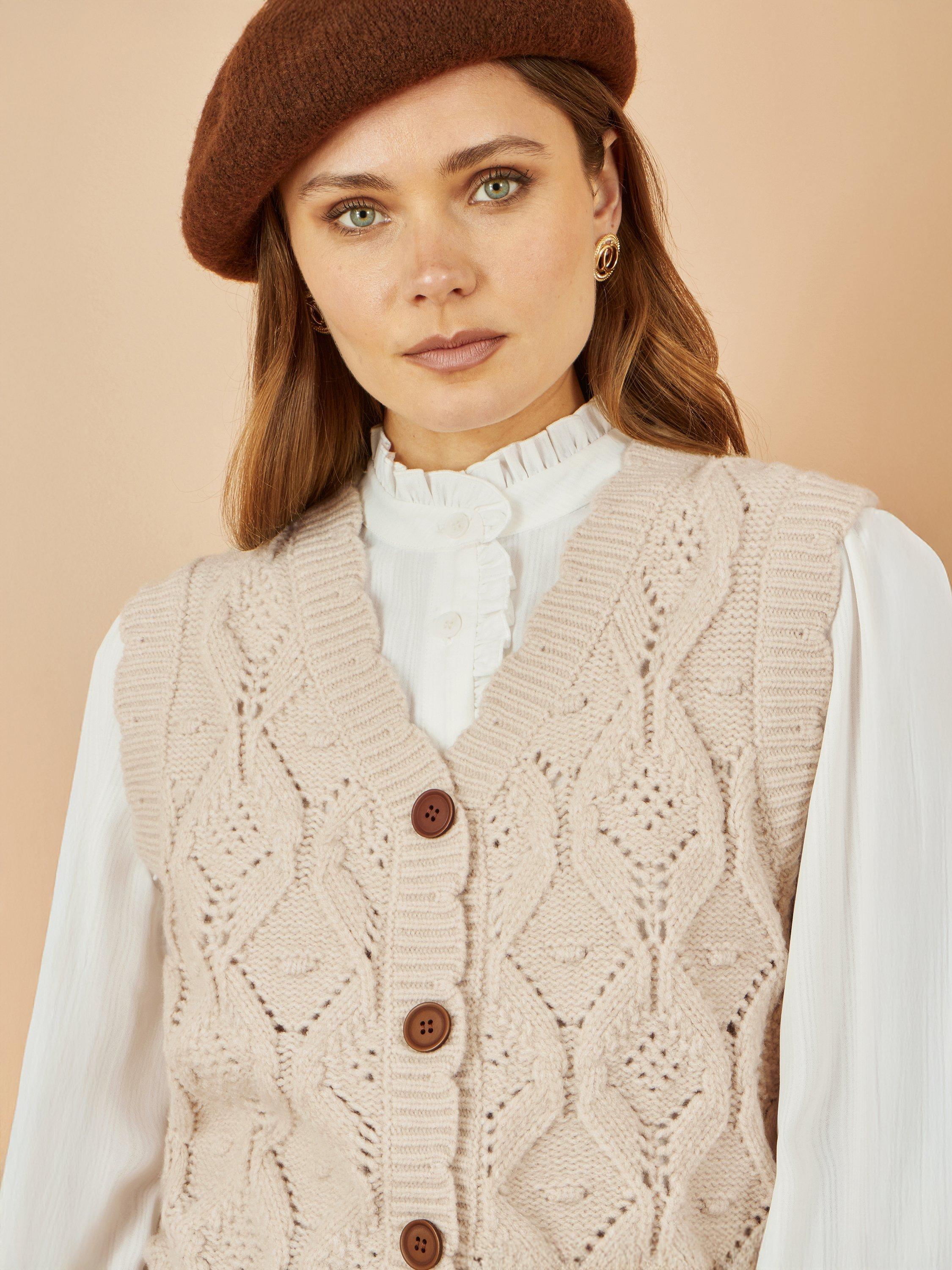 Product image 3 of 4, which shows Yumi Button Up Chunky Cable Knit Waistcoat, Ivory, S