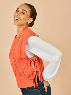 Yumi Flower Print Cable Knit Tie Side Pullover, Orange