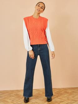 Yumi Flower Print Cable Knit Tie Side Pullover - view 2, Orange