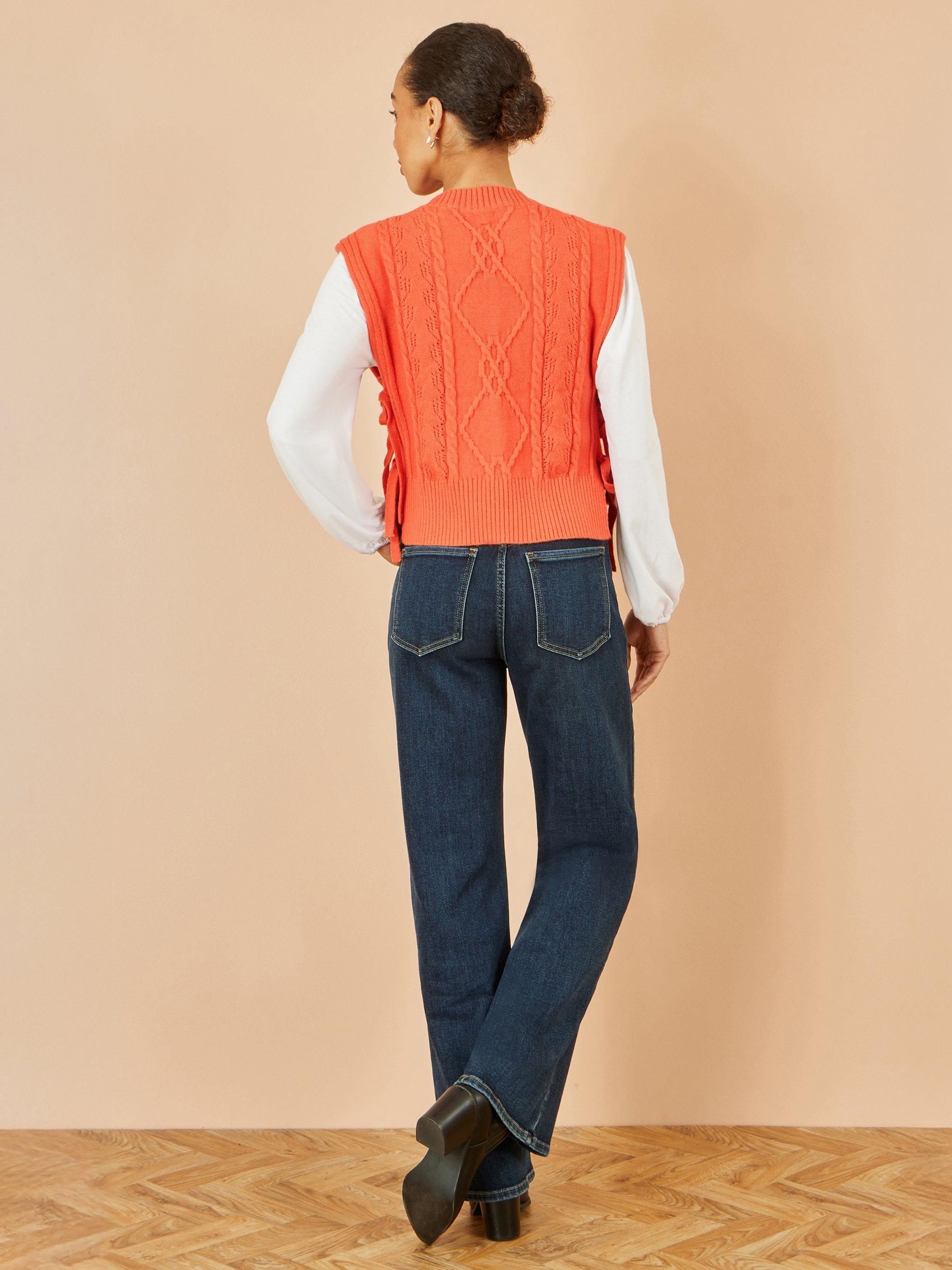 Product image 5 of 5, which shows Yumi Flower Print Cable Knit Tie Side Pullover, Orange, S