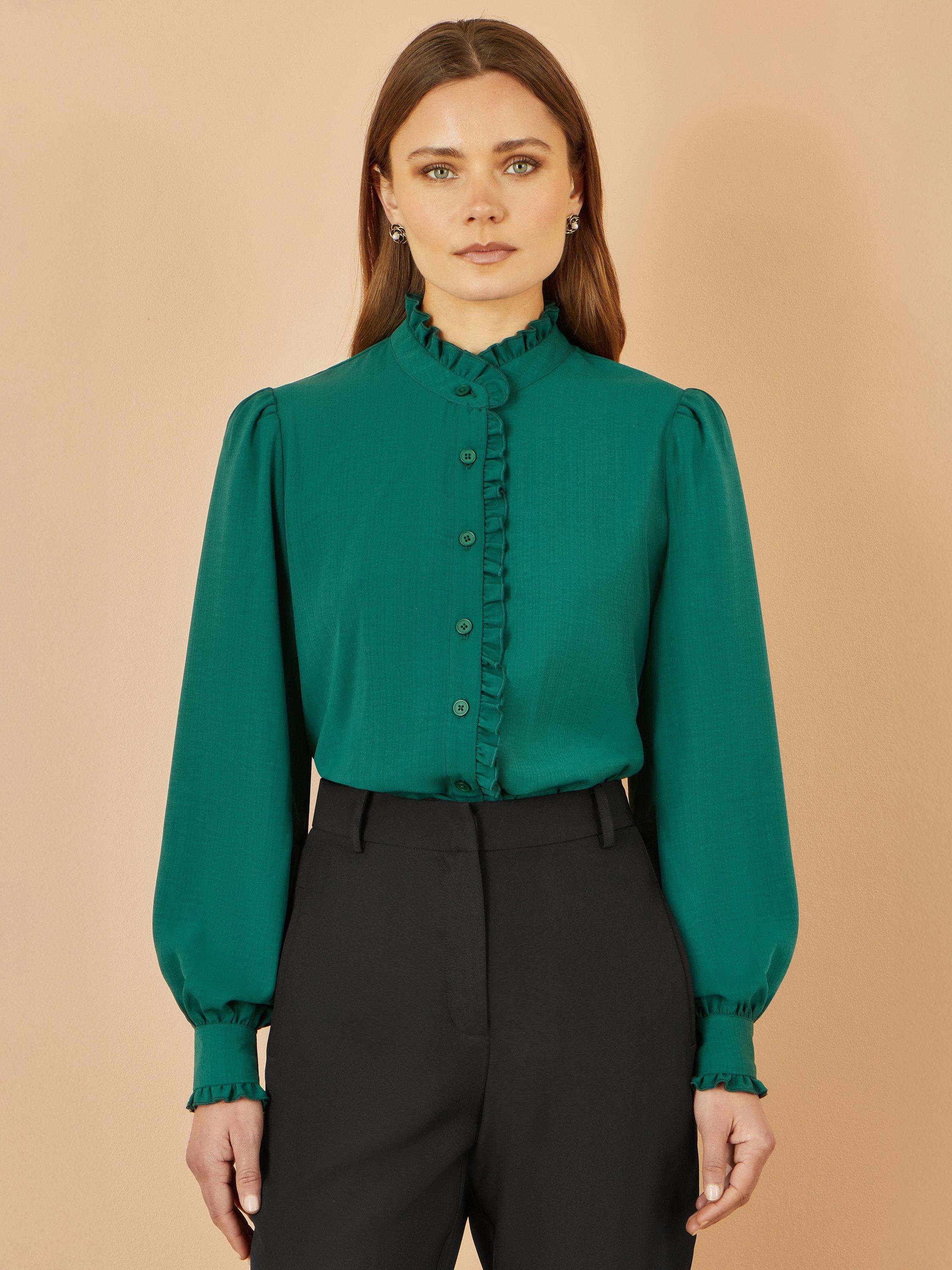 Product image 1 of 4, which shows Yumi Frill High Neck Shirt, Green, 8