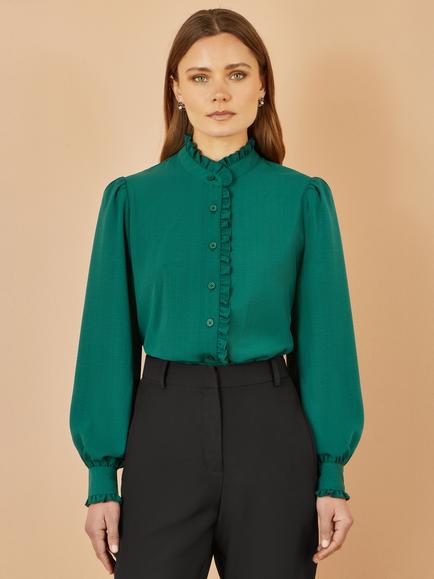 Yumi Frill High Neck Shirt, Green, Green