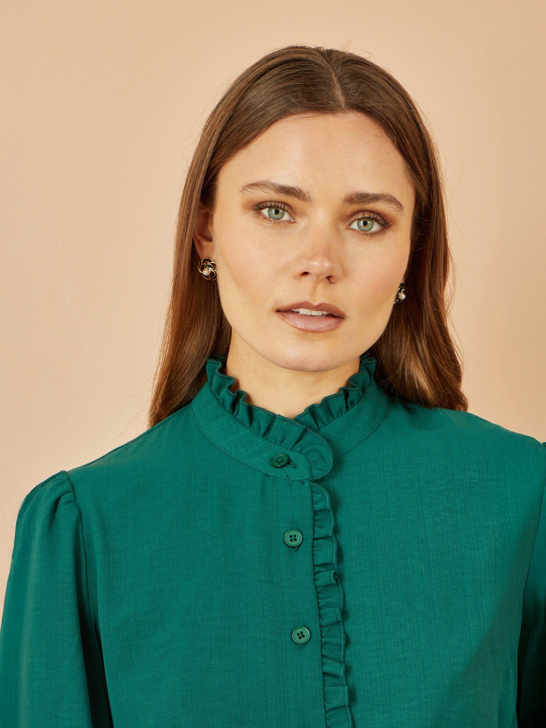 Product image 3 of 4, which shows Yumi Frill High Neck Shirt, Green, 8