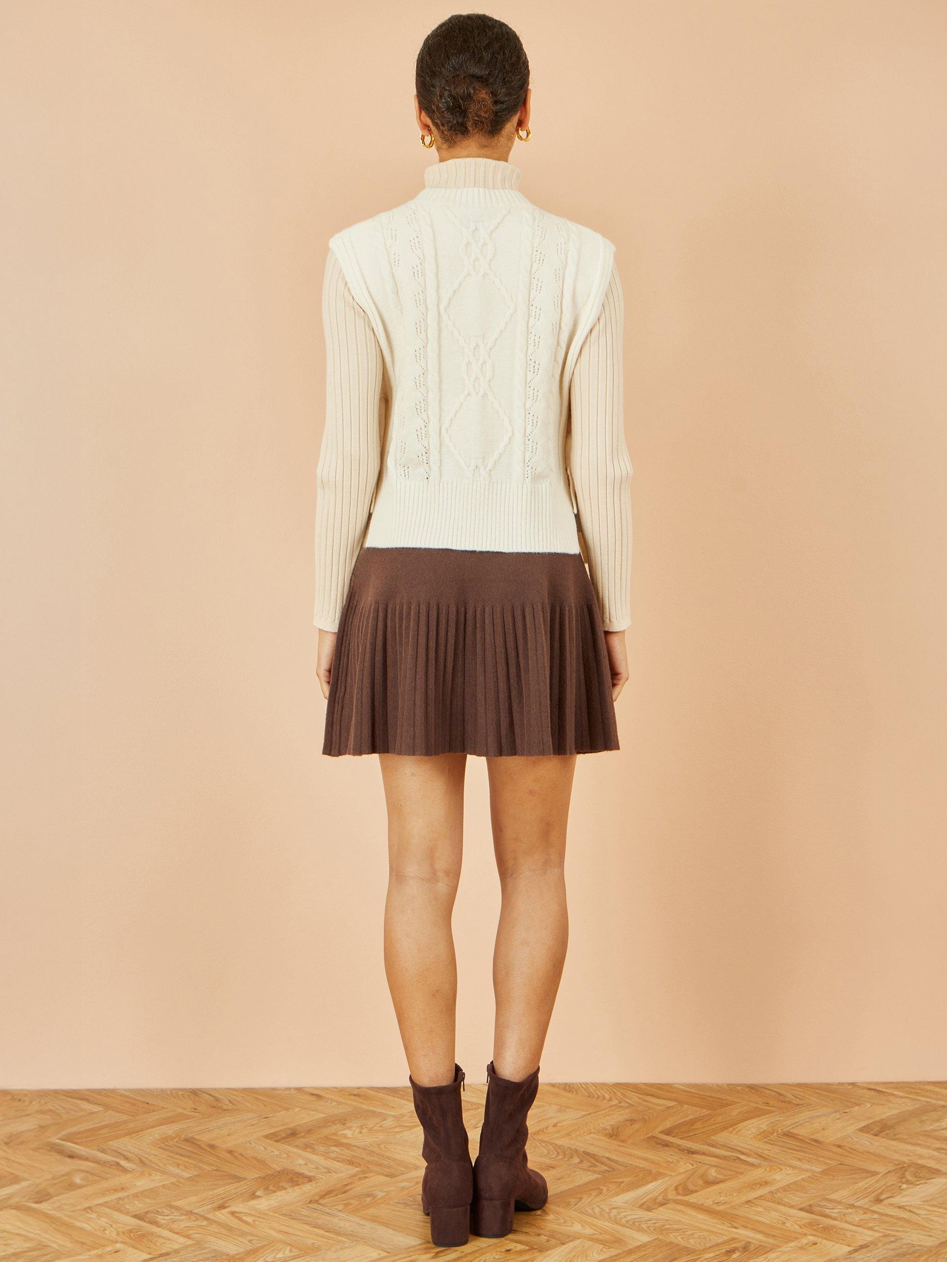 Product image 3 of 3, which shows Yumi Knitted Pleated Mini Skirt, Brown, S