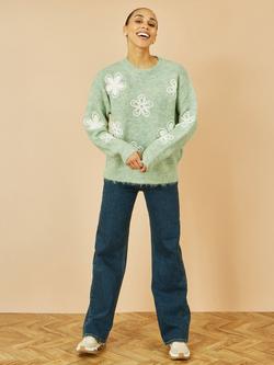 Yumi Relaxed Crochet Flowers Knit Jumper - view 2, Sea Green