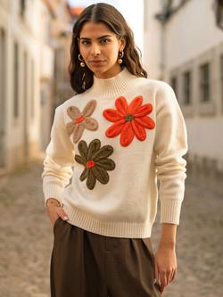 Yumi Applique Flowers High Neck Jumper, Ivory/Multi