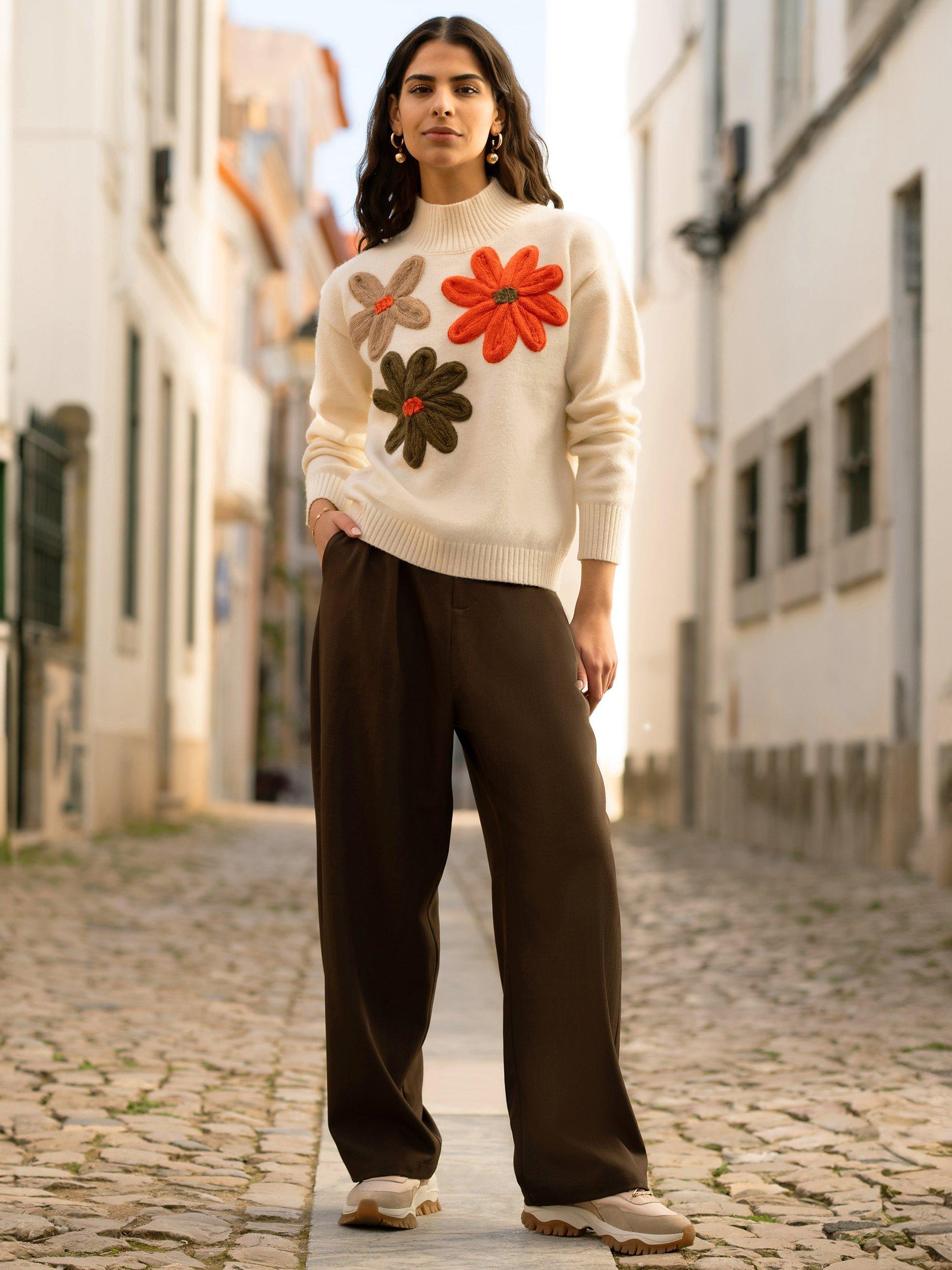 Product image 2 of 6, which shows Yumi Applique Flowers High Neck Jumper, Ivory/Multi, S