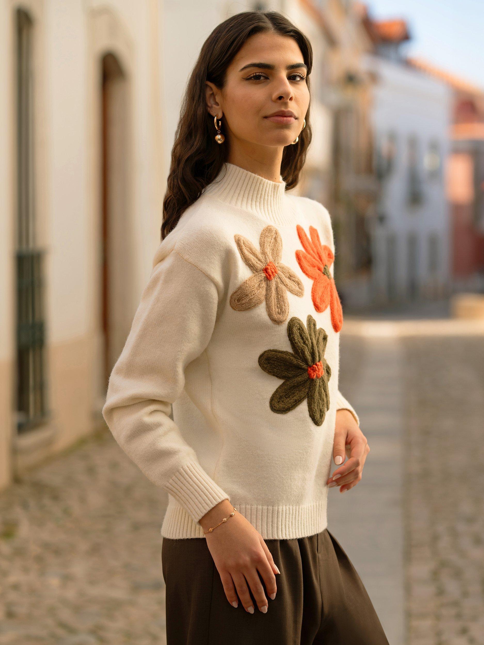 Product image 3 of 6, which shows Yumi Applique Flowers High Neck Jumper, Ivory/Multi, S