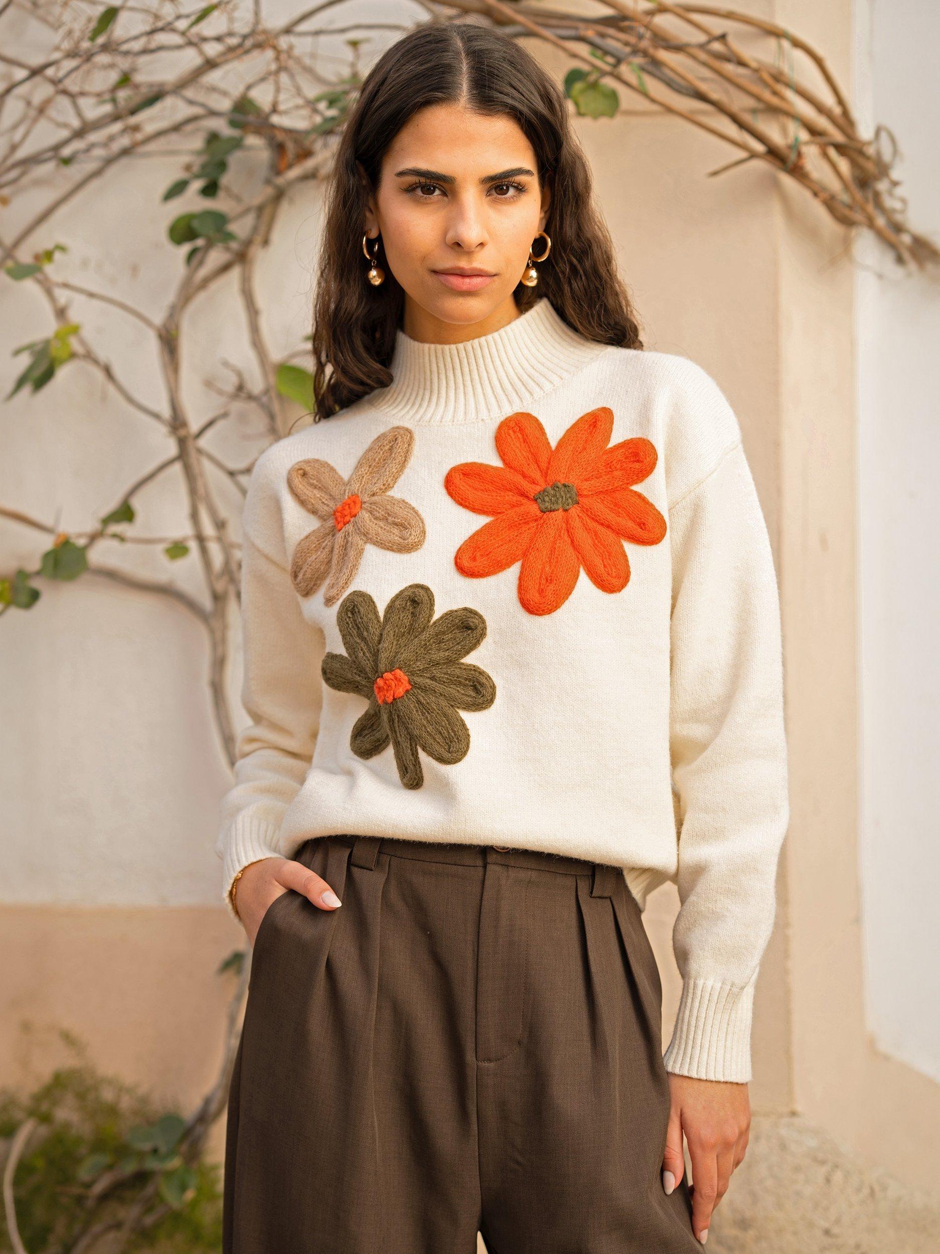 Product image 5 of 6, which shows Yumi Applique Flowers High Neck Jumper, Ivory/Multi, S