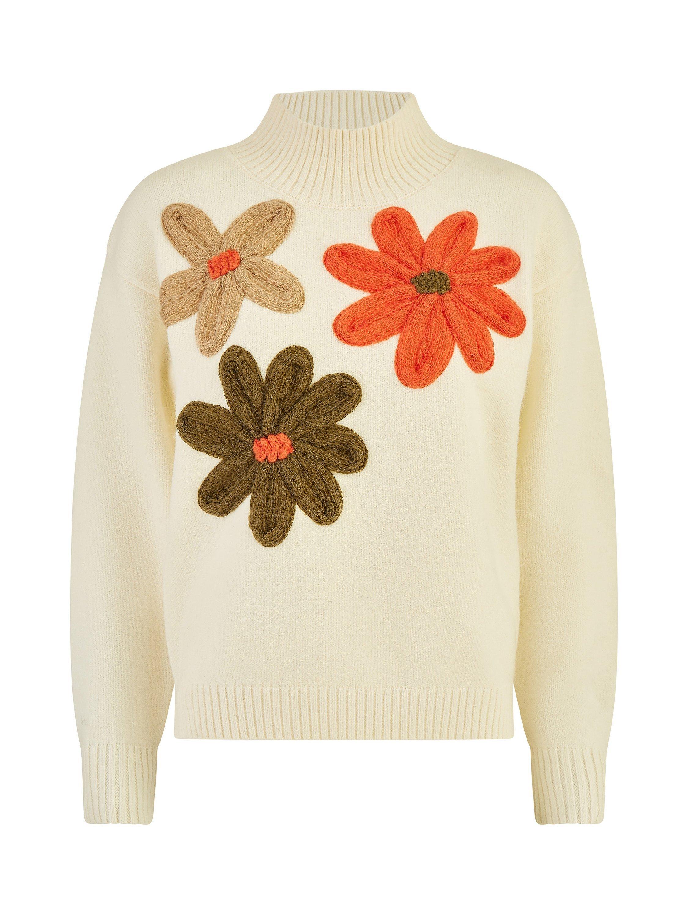 Product image 6 of 6, which shows Yumi Applique Flowers High Neck Jumper, Ivory/Multi, S