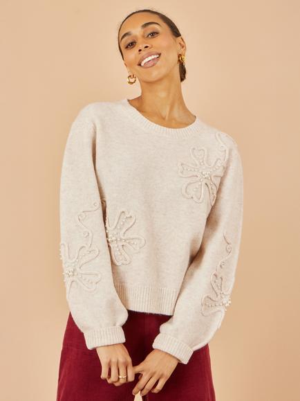 Yumi Floral Applique Knit Round Neck Jumper, Oatmeal